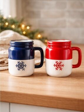 Christmas Holiday Pair of Red & Blue Snow Flakes Coffee Tea Cup Mug Mason Jar
